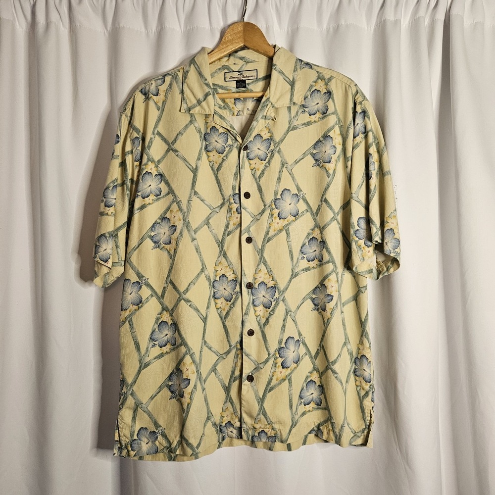 Tommy Bahama Men's Med  Silk Hawaiian Shirt Blue‎ Floral Aloha Camp Vintage 100%